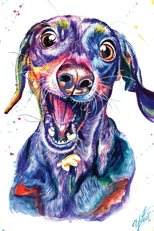 Pet portrait of a blue and purple dog with mouth open by new icanvas artist Yubis Guzman