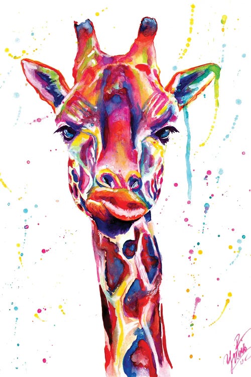 Animal portrait of a red, orange, purple and yellow giraffe making kissy face by new creator Yubis Guzman