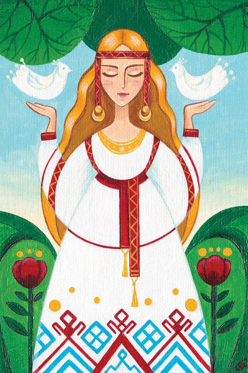 Wall art of blonde saintly woman holding a white dove in each hand with eyes closed by new iCanvas artist Yulia Belasla