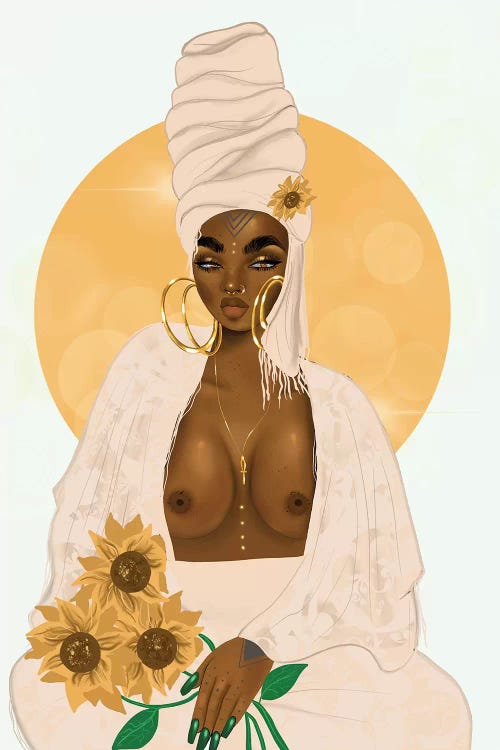 Frida Kahlo inspiration of black woman with breasts exposed in front of sun by icanvas artist Zola Arts