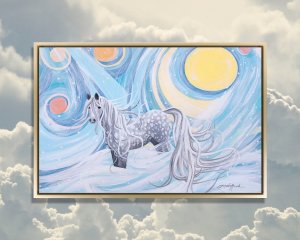 Various take on Starry Night featuring a white and gray horse in soft northern lights by Linda Rauch