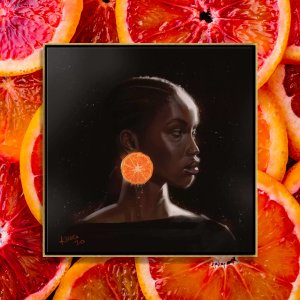 Profile portrait of a Black woman wearing bright orange slice earrings by 5 questions with artist Adekunle Adeleke