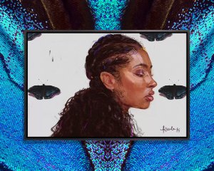Profile portrait of a Black woman with braids in front of black butterflies by 5 questions with artist Adekunle Adeleke