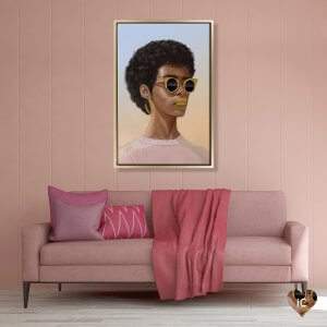 Framed portrait of Black woman wearing gold hoops and sunglasses by icanvas artist Adekunle Adeleke mounted in pink room