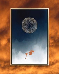 Moon wall art of abstract dotted moon in front or blue, white and orange hues by icanvas artist Nordic Print Studio