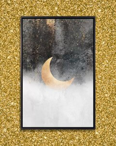 Moon wall art of a gold crescent moon in front of black and white abstract background by icanvas artist Elisabeth Fredriksson