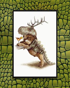 Animal wall art of a bulldog dressed as a T-rex with antlers by icanvas artist Adam Lawless