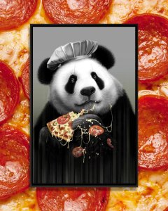 Animal wall art of a panda eating pizza by icanvas artist Adam Lawless