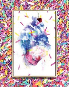 Wall art with special effects makeup vibe of colorful sprinkles on blue and pink abstract face by Black Ink Art