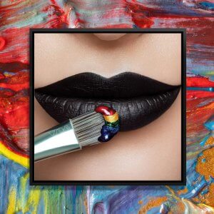 Special Effects Makeup art of black lips with paint brush near them with rainbow colors by icanvas artist Vlada Haggerty