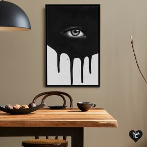 Creative Makeup look art of black paint dripping around eye ball by icanvas artist Leemo framed above table