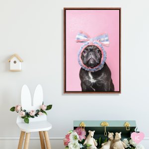 Dog art of black french bulldog with towel wrap framed above toy chest by icanvas artist sophie gamand