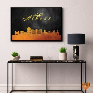 Georgia home decor framed wall art of Athens skyline in orange and black by icanvas artist Adrian Baldovino