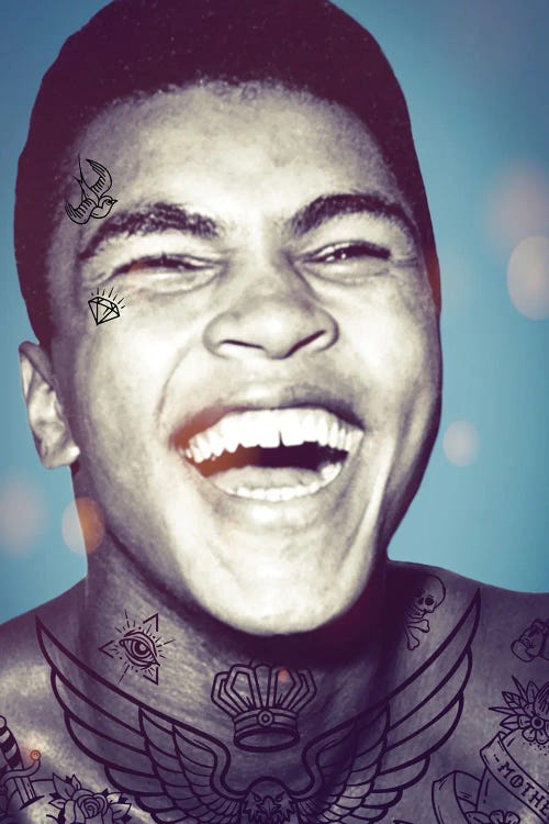 Portrait of Muhammad Ali in black and white laughing with tattoos by new creator Andrew M Barlow 