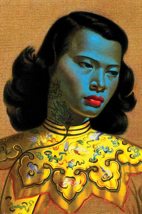 Portrait of a blue lady with tattooed neck in yellow dress by new icanvas creator Andrew M Barlow