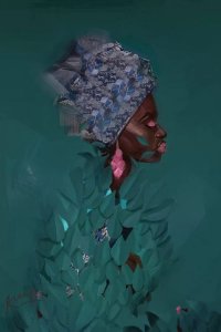 Profile of a Black woman in green leaves with head wrap and pink earrings by icanvas artist Adekunle Adeleke