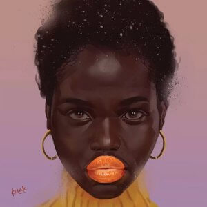 Surreal portrait of Black woman with orange lipstick by 5 Questions With artist Adekunle Adeleke