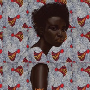 Wall art of Black woman blending into black, red and orange patterned background by icanvas artist adekunle adeleke