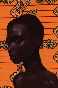 Portrait of a Black woman in front of orange patterned background by 5 Questions With artist Adekunle Adeleke