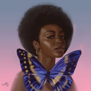 Portrait of a Black woman with a blue and yellow butterfly in front of her by icanvas artist adekunle adeleke