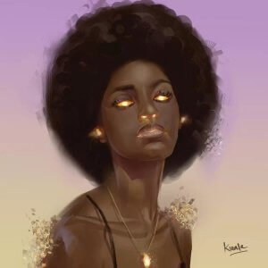 Surreal art of Black woman with shimmering eyes and jewelry by iCanvas artist Adekunle Adeleke