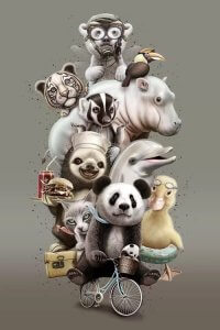 Animal wall art of zoo animals all piled atop a bike by 5 Questions with featured artist Adam Lawless