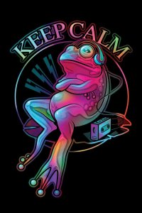 Animal wall art of neon frog listening to music under words "Keep Calm" by icanvas artist Adam Lawless