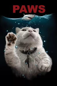 Animal wall art of white cat under water below shark with PAWS above by iCanvas artist Adam Lawless