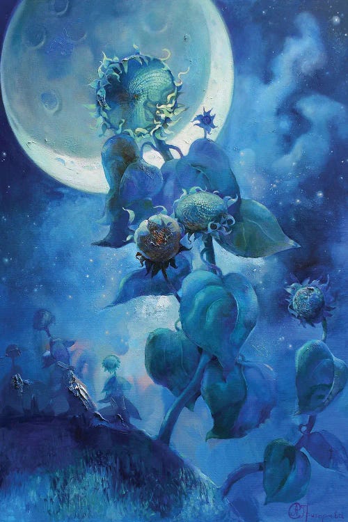 Fantasy art of blue scene featuring flower and full moon by new icanvas artist Anastasiia Grygorieva