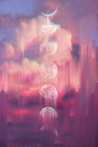 Moon art of lunar cycles against a pink glitchy sky by iCanvas artist Emanuela Carratoni