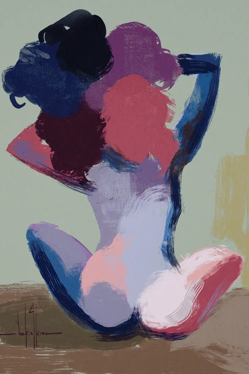 Wall art of the back of a woman with fingers in afro painted purple, pink and blue by new creator David Coleman Jr