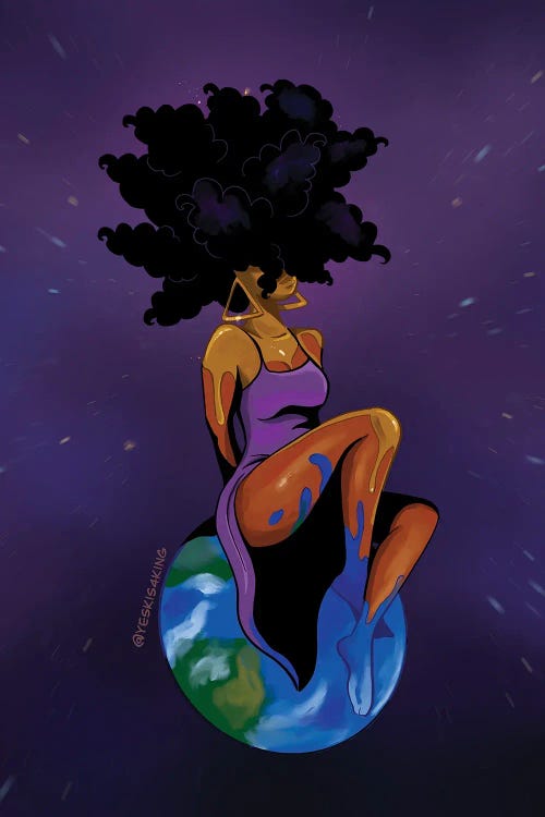 Wall art of black woman with afro atop the Earth by new icanvas creator David Coleman Jr