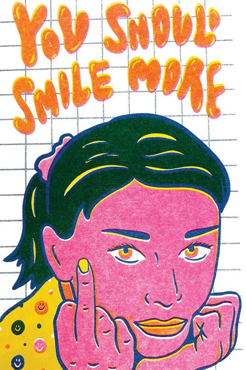 Wall art of pink woman giving middle finger below "You Should Smile More" by new creator Doodle By Meg