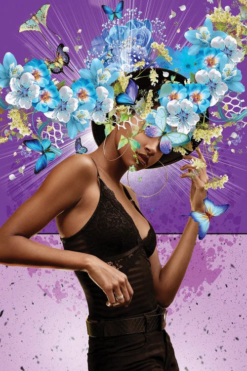 Wall art of Black woman against purple backrground with butterflies and flowers coming out of head by icanvas artist David Loblaw