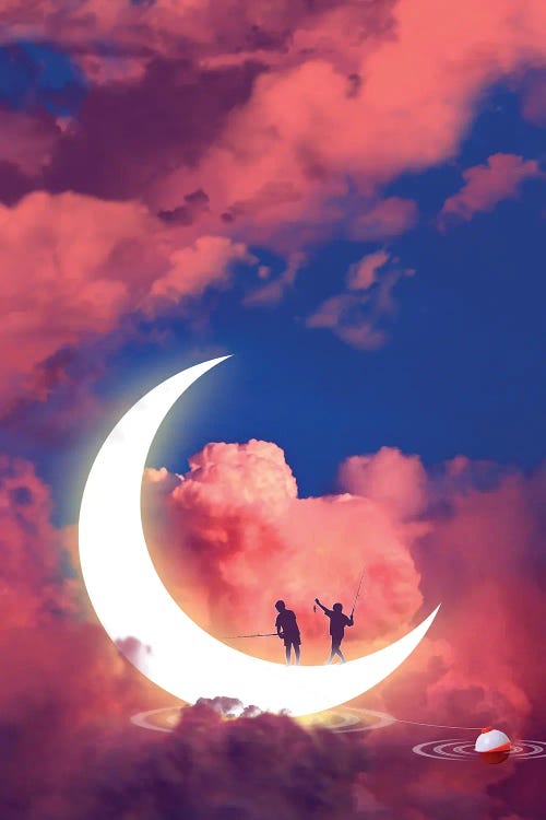 Surreal art of pink sky with crescent moon and two silhouettes by icanvas artist David Loblaw