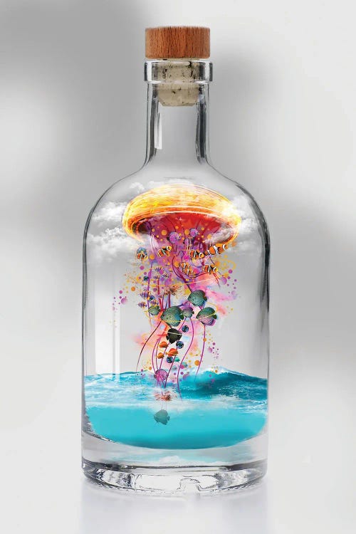 Surreal art of jellyfish inside a bottle by icanvas artist David Loblaw
