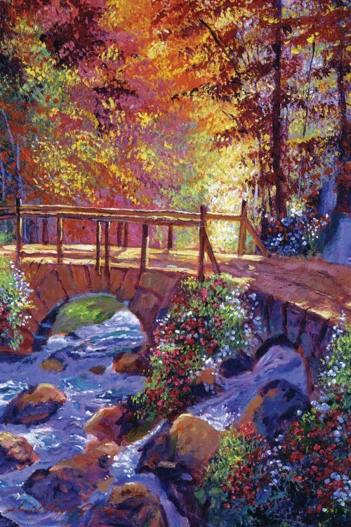 Wall art of a stone bridge over a small stream surrounded by fall trees by new creator David Lloyd Glover