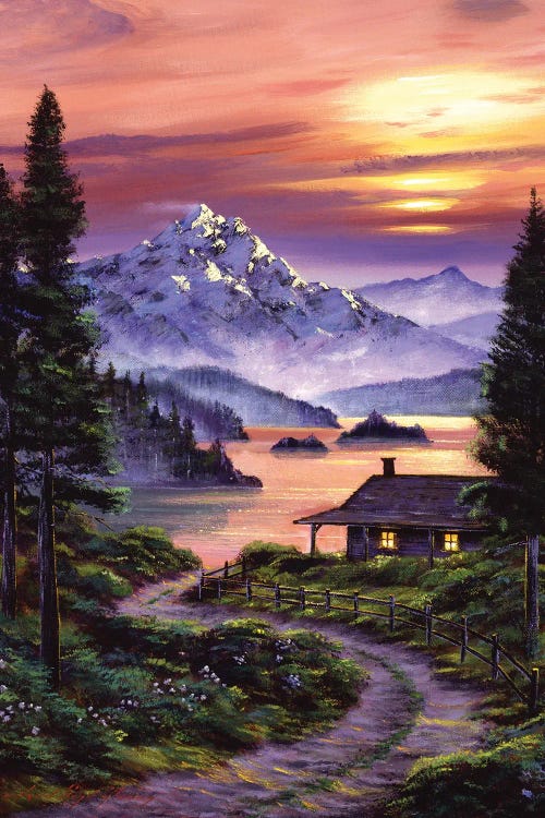 Wall art of a cabin on the lake at sunset by new icanvas creator David Lloyd Glover