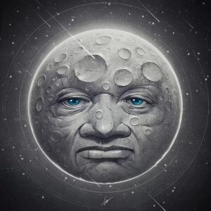 Moon art of a moon with a man's face and blue eyes by icanvas artist Dr. Lukas Brezak