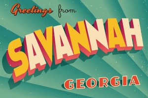 Savannah art travel poster with orange letters and green background by iCanvas artist RealCallahan
