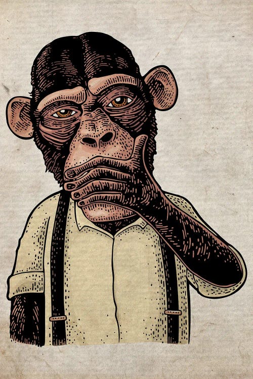 Illustration of a chimpanzee in suspenders with hand on mouth by new creator FisherCraft