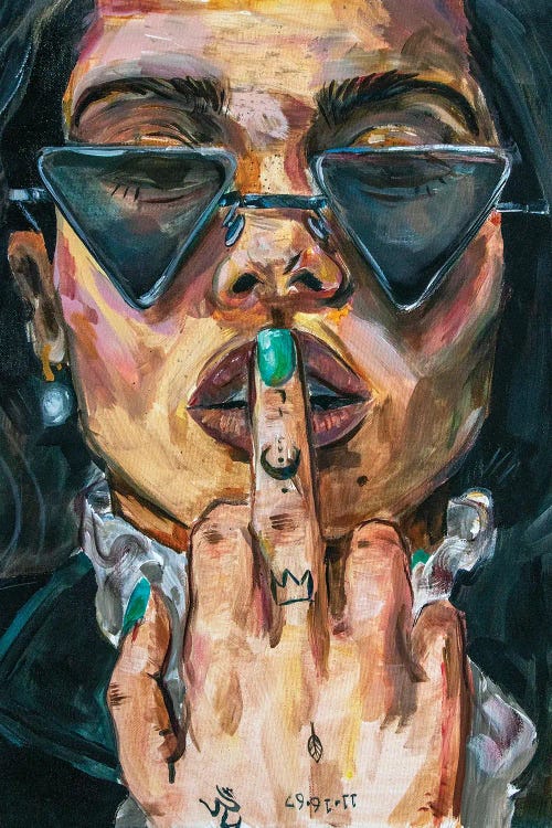 Pop culture portrait of Zoe Kravitz with triangle sunglasses and middle finger to lips by icanvas artist forrest stuart