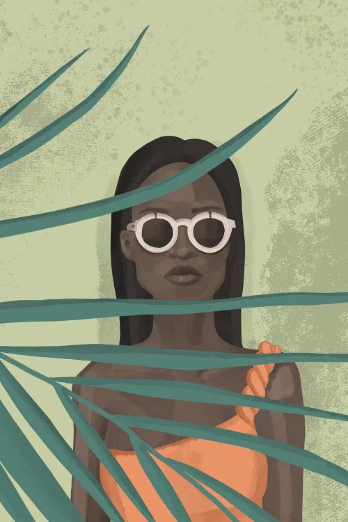 Fashion illustration of black woman behind palm tree in sunglasses by new icanvas creator Anna Rogacheva