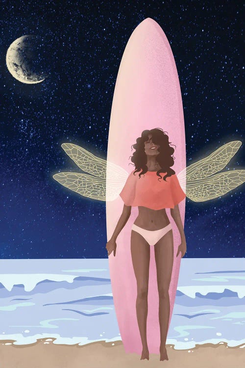 Fashion illustration of black woman with fairy wings in front of pink surf board by new creator Anna Rogacheva