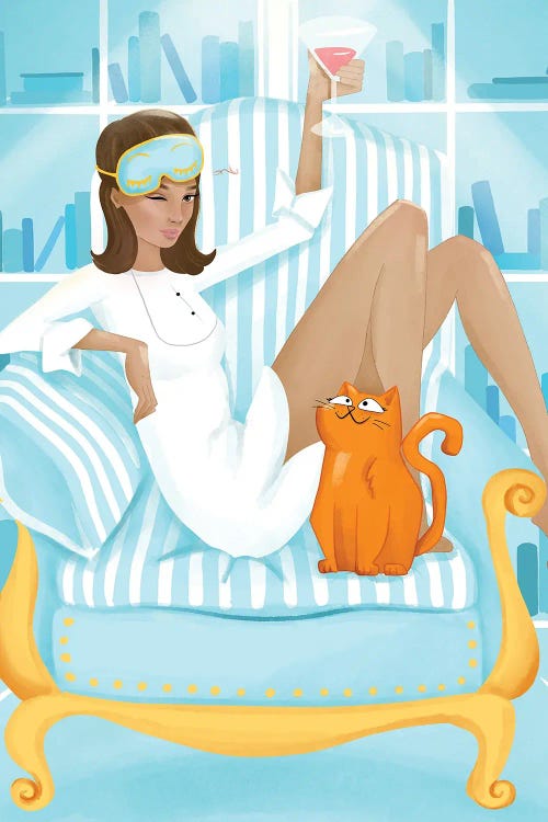 Fashion illustration of woman in pajamas on blue chair next to cat by new icanvas artist Anna Rogacheva