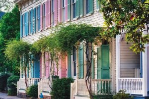Savannah art of colorful historic row houses by icanvas artist George Oze