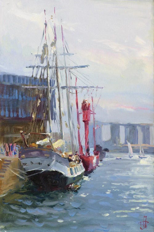 Impressionist painting of a ship docked in Normandy, France by new icanvas artist CountessArt