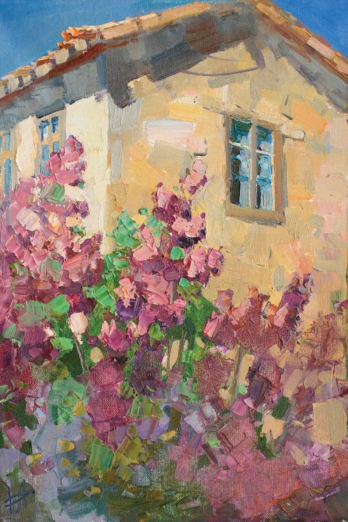 impressionist painting of lilac bush in front of house by new icanvas creator CountessArt