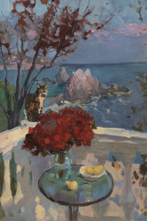 Impressionist painting of an ocean view off a balcony with cat and roses by new creator countessart