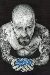 Ink art of Heisenburg from Breaking Bad with tattoos and holding blue crystals by icanvas artist Inked Ikons